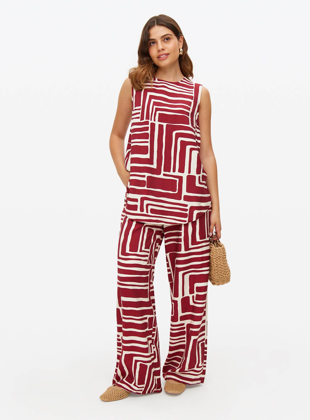 Burgundy Geometric Print Wide Leg Co-ord Trousers 14 - Image 2